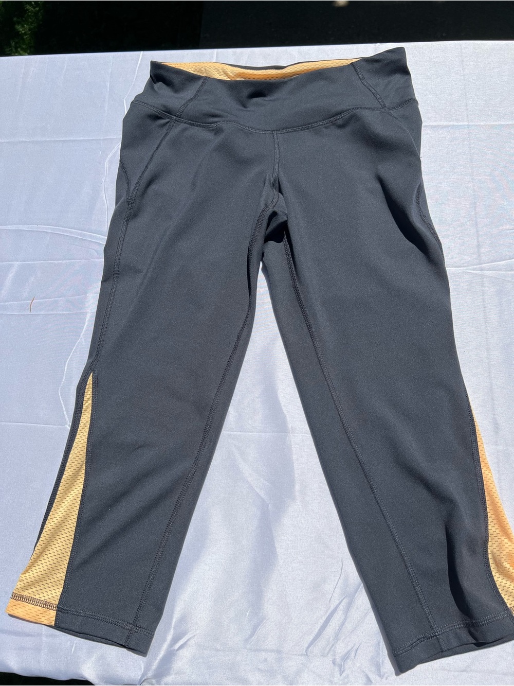 Old Navy Dark Gray Capri Leggings with Yellow Mesh Panels